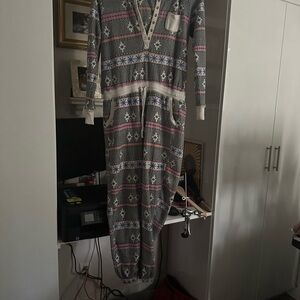 Cozy Gray and Pink Patterned Onesie with hoodie